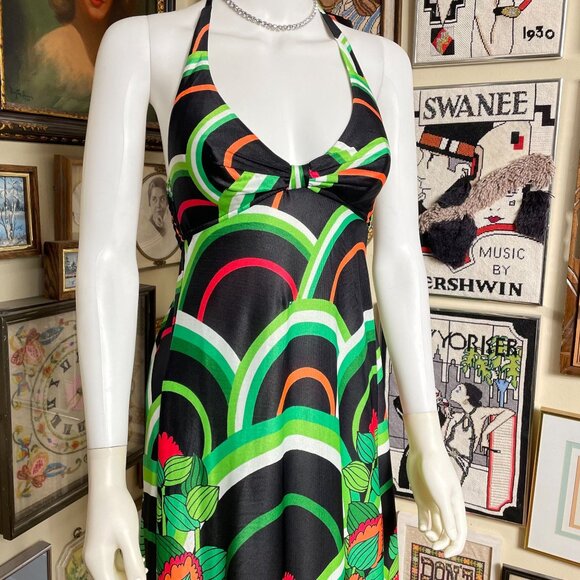 70s Vintage Jantzen Green & Black Floral Halter Backless Maxi Dress Size 12 - Picture 4 of 8